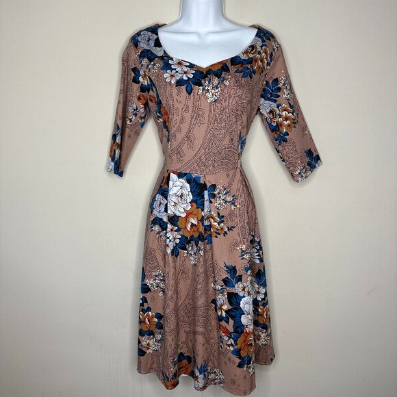 NWOT LAMiU Womens 1950's Retro Rockabilly Dress in Floral Light Brown Size Large - Picture 1 of 11